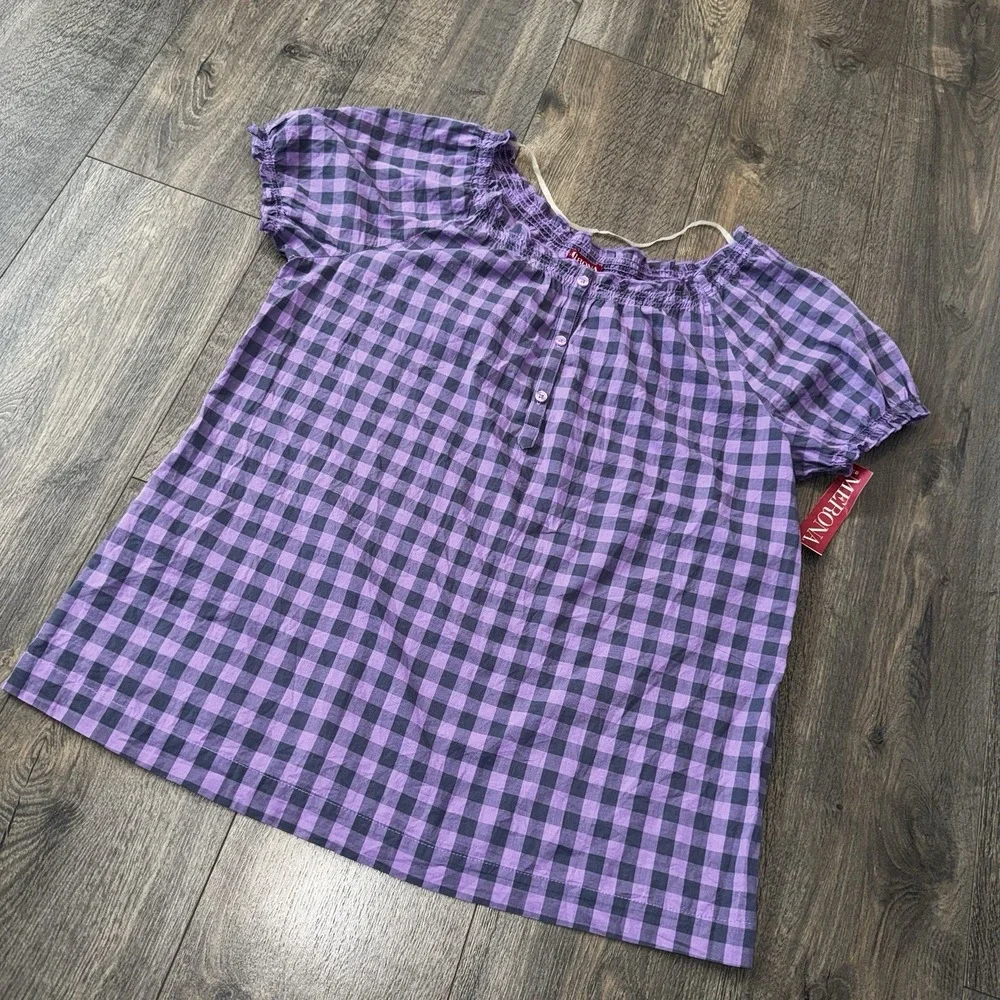 Merona Women's XL Purple Gingham Plaid Blouse Cap Sleeve Boho Cowgirl Cottage - Picture 8 of 12